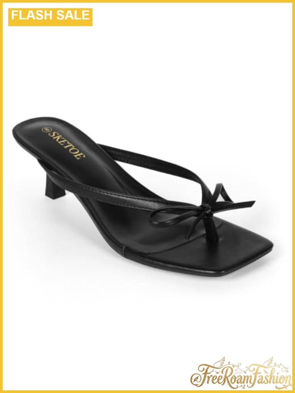 Kitten Heel Flip Flop Sandals with Bow Square Toe Faux Leather